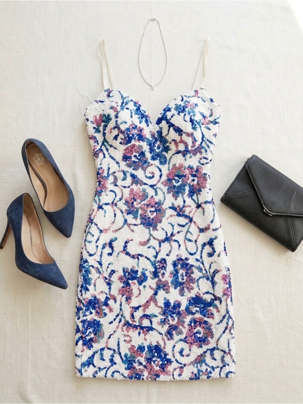 JOVANI White & Blue Sequin Floral Slip Dress